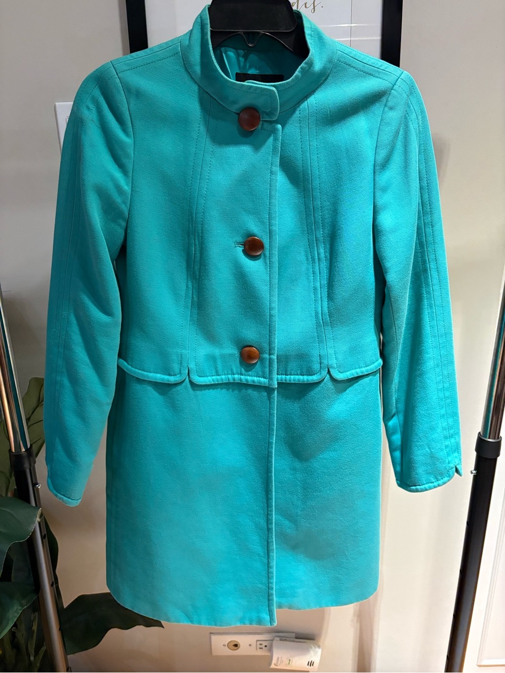 Talbots Turquoise Wool Blend Coat Mandarin Collar Brown Buttons - Size 4P - Picture 2 of 7